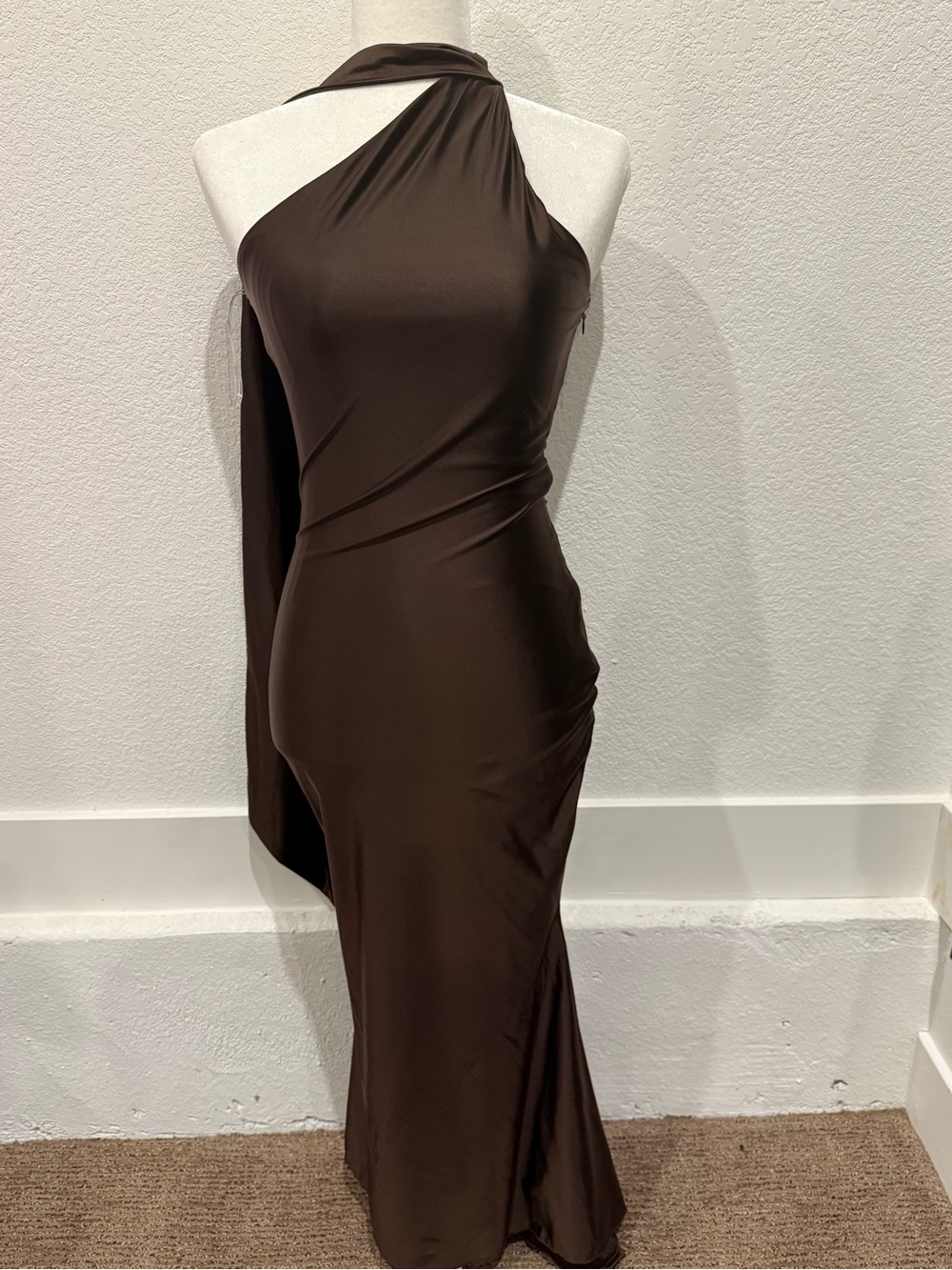 Oh Polly Shaya Asymmetric Scarf-Detail Midaxi Dress in Chocolate Brown - Picture 3 of 6